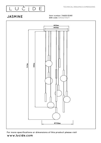 Lucide JASMINE - Pendant light - Ø 75 cm - LED Dim. - CCT - 12x4,5W 2200K/3300K - Suitable for double-height spaces and high ceiling - Copper - Premium